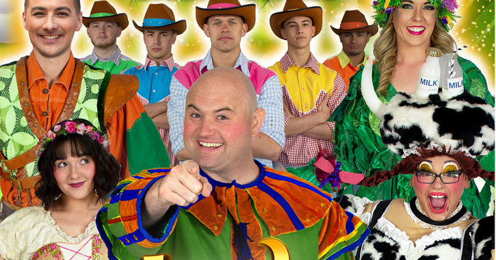 bright and colours image of cast members from Jack and the Beanstalk panto at Hartlepool Town Hall 
